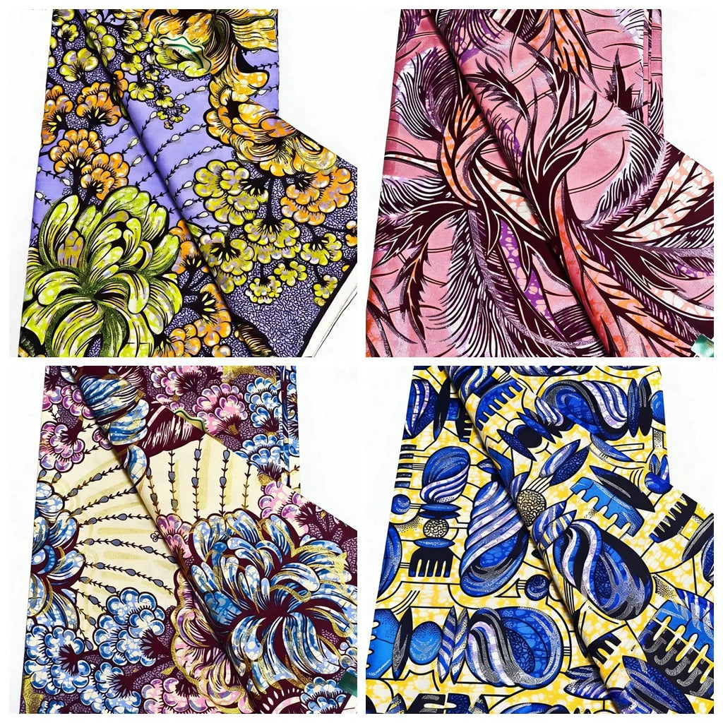 A collection of four panels showing pink, purple, and yellow African wax print fabric patterns.