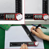 A hand uses a digital angle ruler to measure an angle on paper, demonstrating its use for precision measurement.