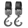 A pair of black rotating stroller hooks designed for hanging bags and essentials.