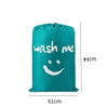 Teal drawstring laundry bag with white text 'wash me' and dimensions 91cm by 61cm.