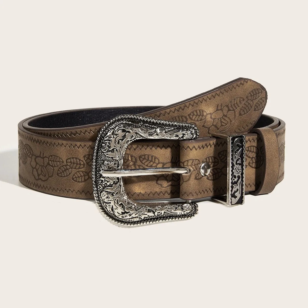 A classic brown leather belt with an antique silver-toned buckle.