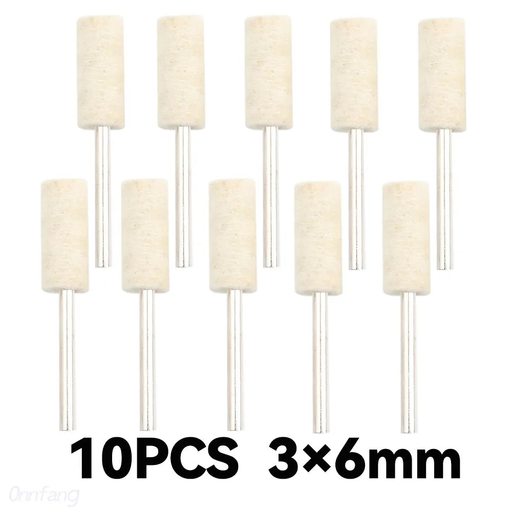 Ten pieces of beige wool felt polishing wheels with 3mm shafts.