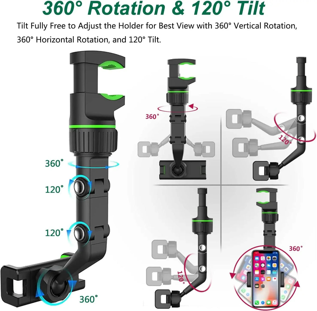A black phone holder with 360 degree rotation and 120 degree tilt for a rearview mirror.