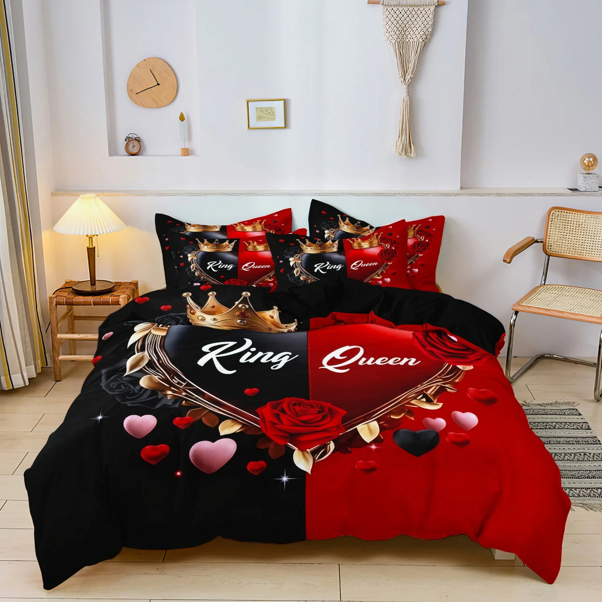 King & Queen Crown Rose Pattern 3-Piece Bedding Set with Duvet Cover and Pillowcases