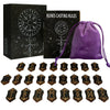 A set of wooden rune stones, a guide book, and a purple velvet bag for divination.