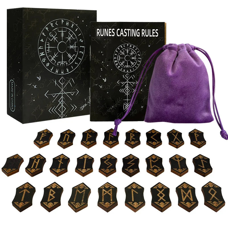 A set of wooden rune stones, a guide book, and a purple velvet bag for divination.