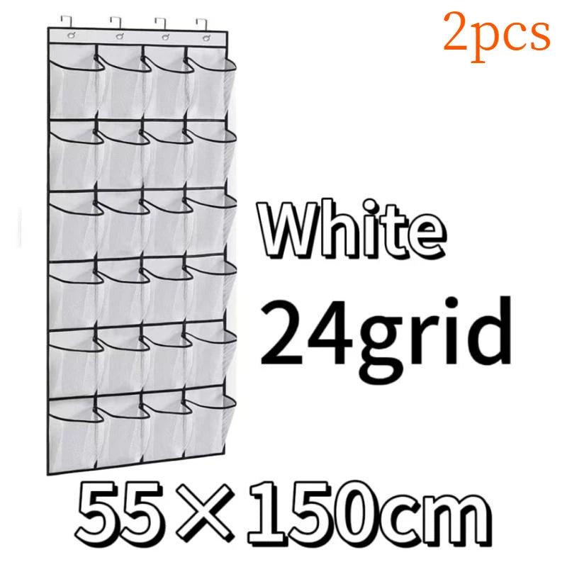 White 24 grid over-the-door mesh shoe organizer with hanging pockets measuring 55x150cm