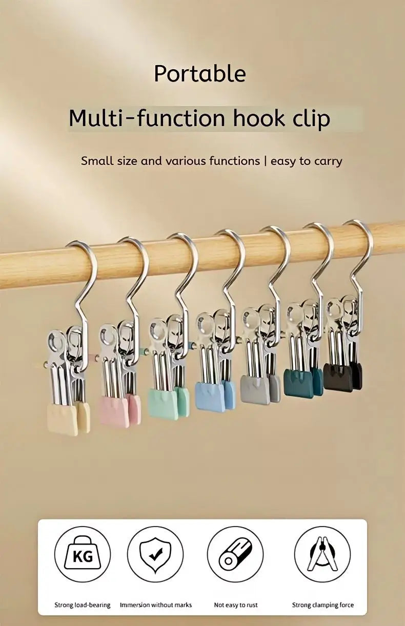 A set of multi-function hook clips made of stainless steel are displayed hanging on a wooden rod.