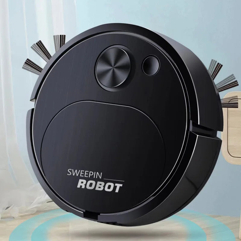 A black 3-in-1 smart robot vacuum cleaner with rotating brushes is shown against a light blue background.