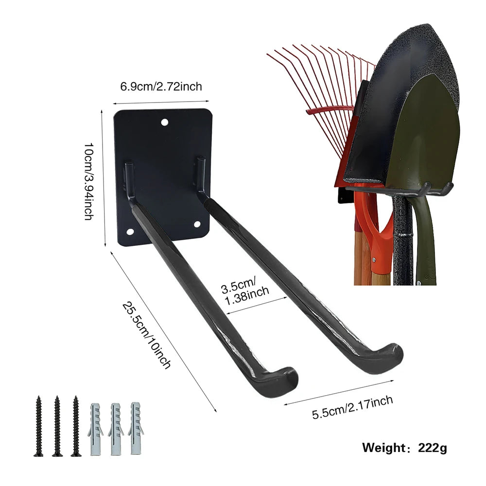 A black heavy-duty wall-mounted organizer rack for garden tools, showing the mounting plate and a long tool holder.