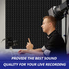 A young man is shown recording audio with a camera, set against a dark acoustic foam wall.
