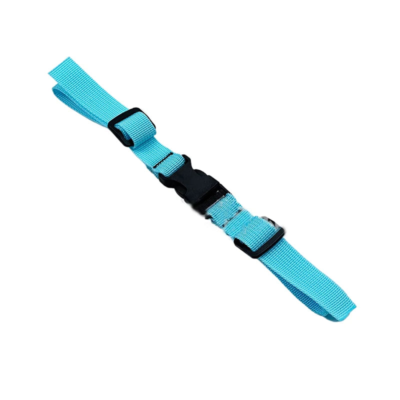 A bright cyan adjustable backpack chest strap with black and blue webbing.