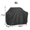 Black XL universal heavy-duty waterproof BBQ grill cover shown with dimensions 117cm high, 190cm long, and 71cm depth.