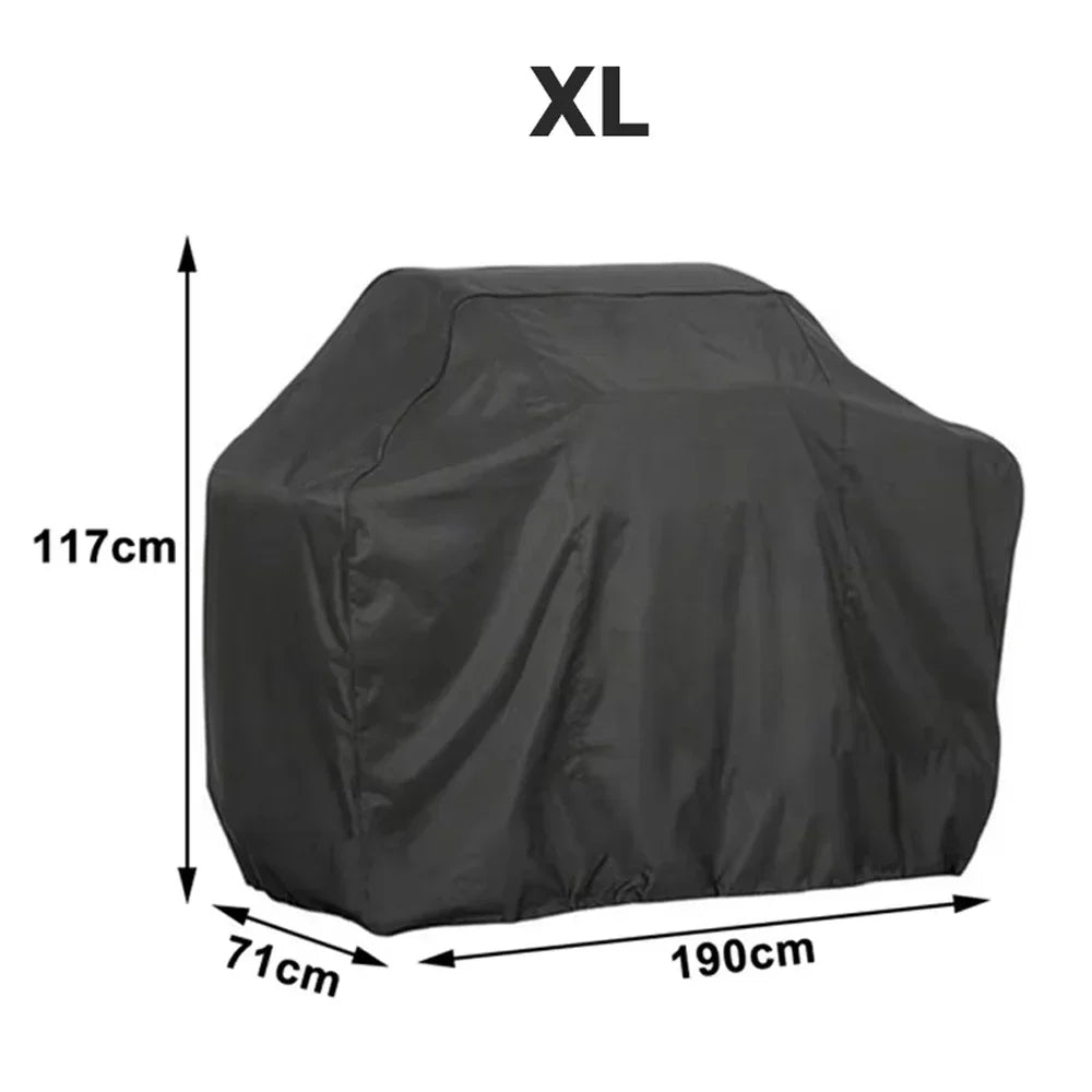 Black XL universal heavy-duty waterproof BBQ grill cover shown with dimensions 117cm high, 190cm long, and 71cm depth.
