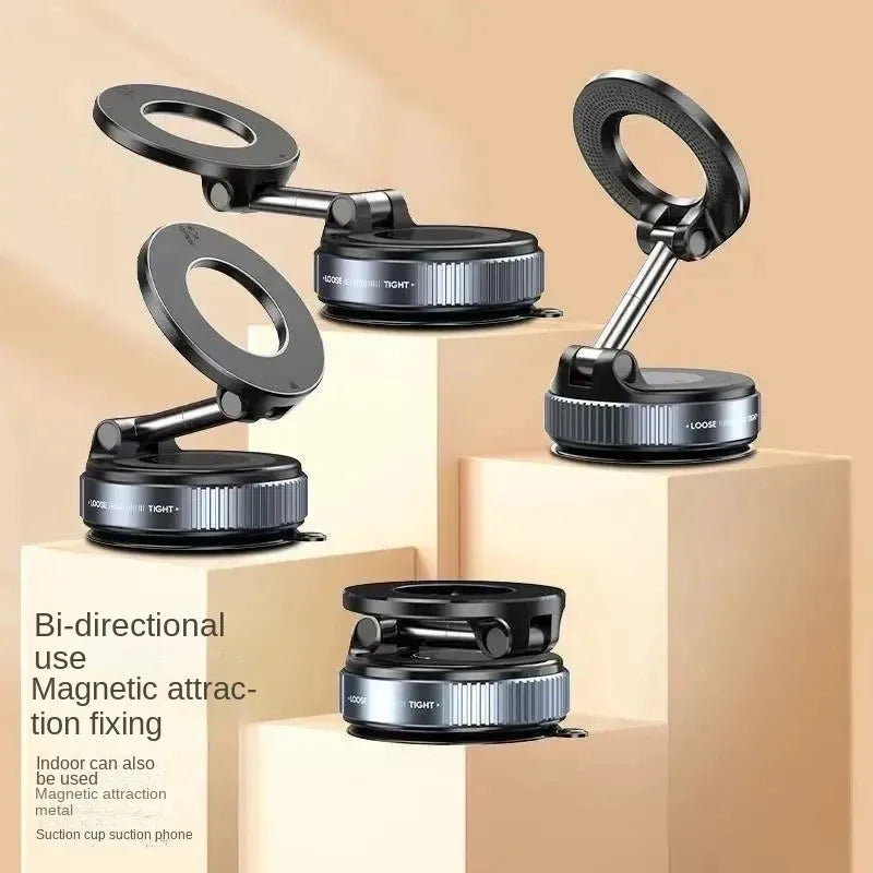 Schwarze bidirektionale magnetische Handyhalterung mit flexiblem Ringdesign, gezeigt an verschiedenen Ständern.