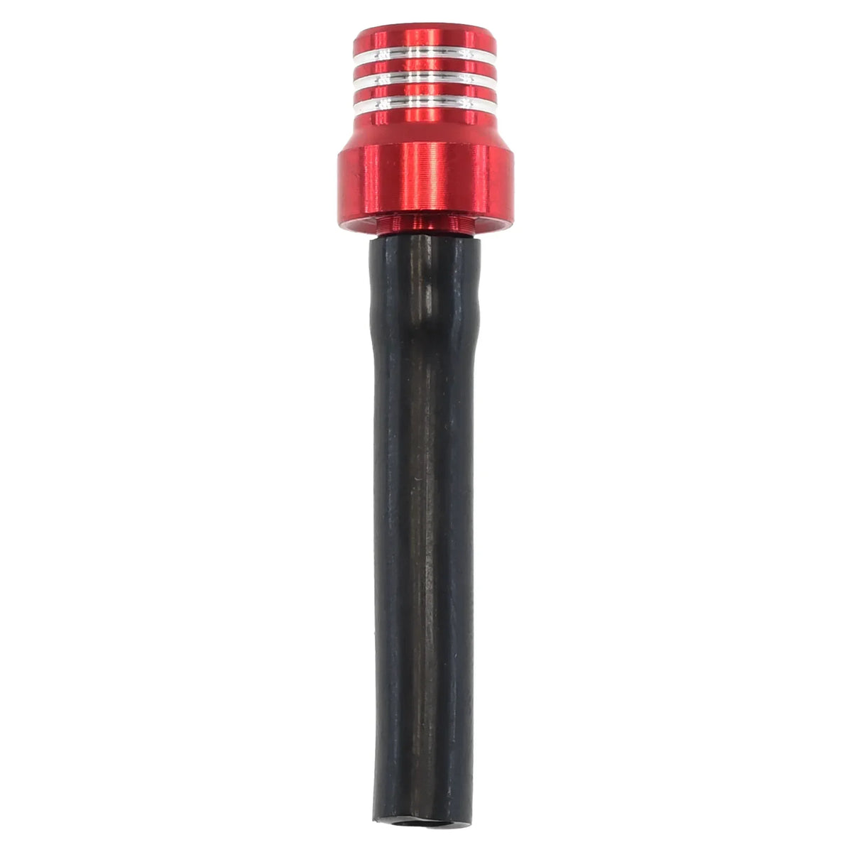 A close-up view of a universal motorcycle one-way fuel tank breather valve with a red and black design.