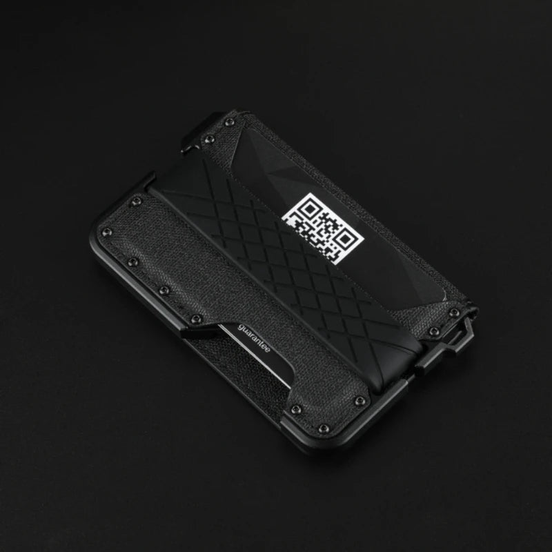 A black minimalist leather card holder with a bottle opener is shown from above.
