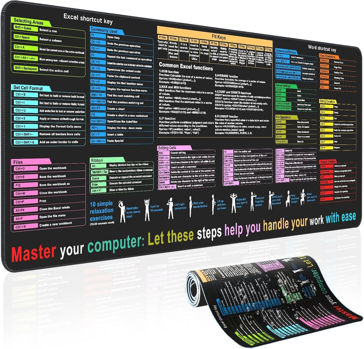 Excel Shortcut Large Mouse Pad with Stitched Edges