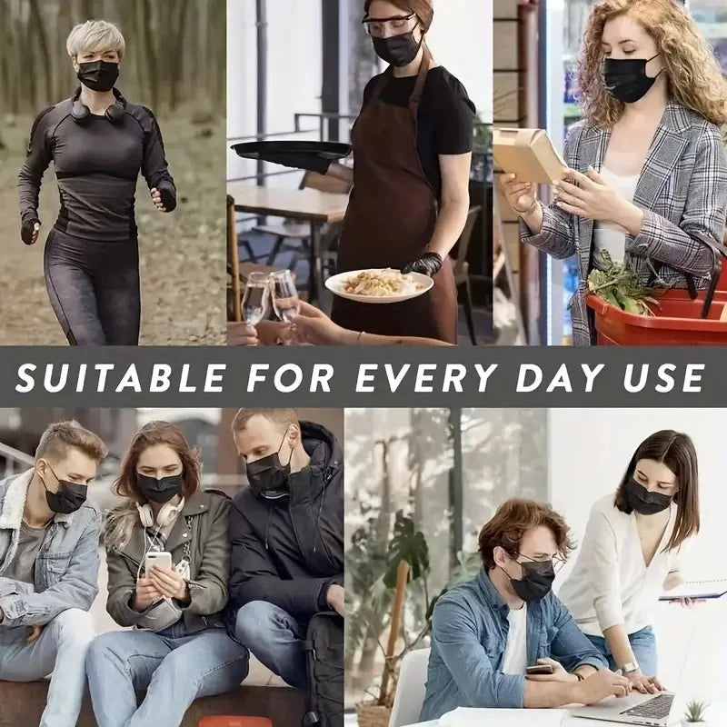 A collage showing various people wearing disposable face masks for daily use.