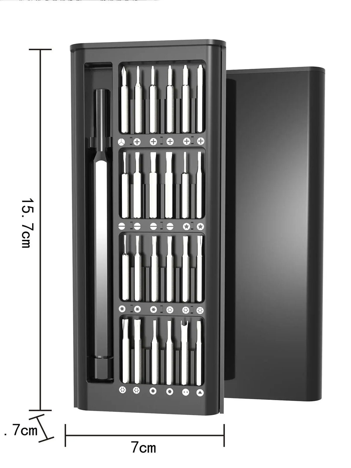 A black precision magnetic screwdriver set with various tips stored in a vertical compartment.