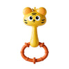 A yellow cartoon tiger rattle toy with an orange ring for baby sensory development.
