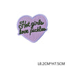 A light purple heart-shaped embroidered patch with the text Hot girls love pickles.