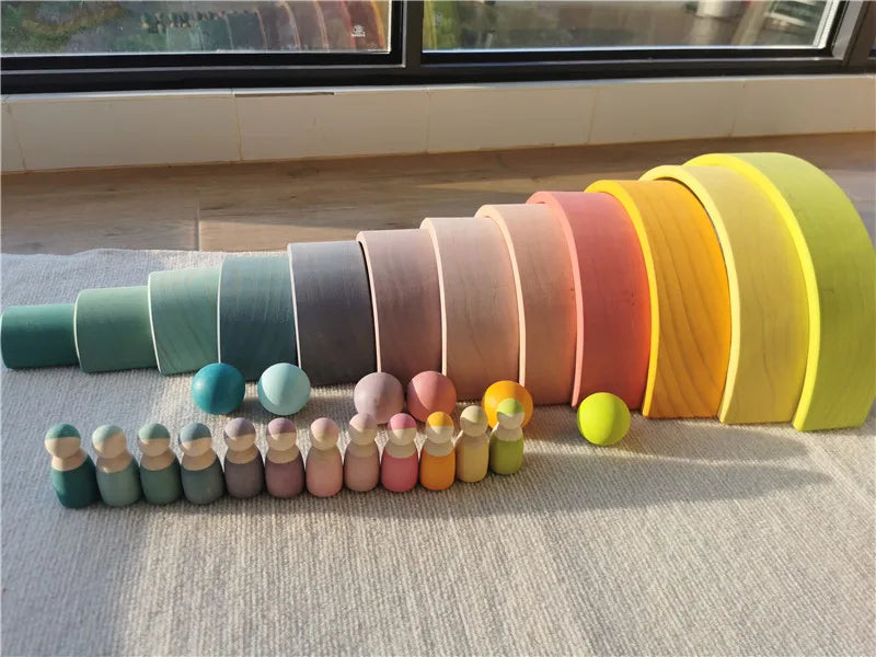 Rainbow Stacking Blocks & Peg Dolls Set – Natural Wooden Toy