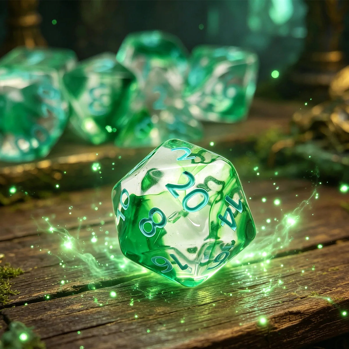 A single bright green polyhedral die rests on a wooden surface surrounded by glowing green particles.