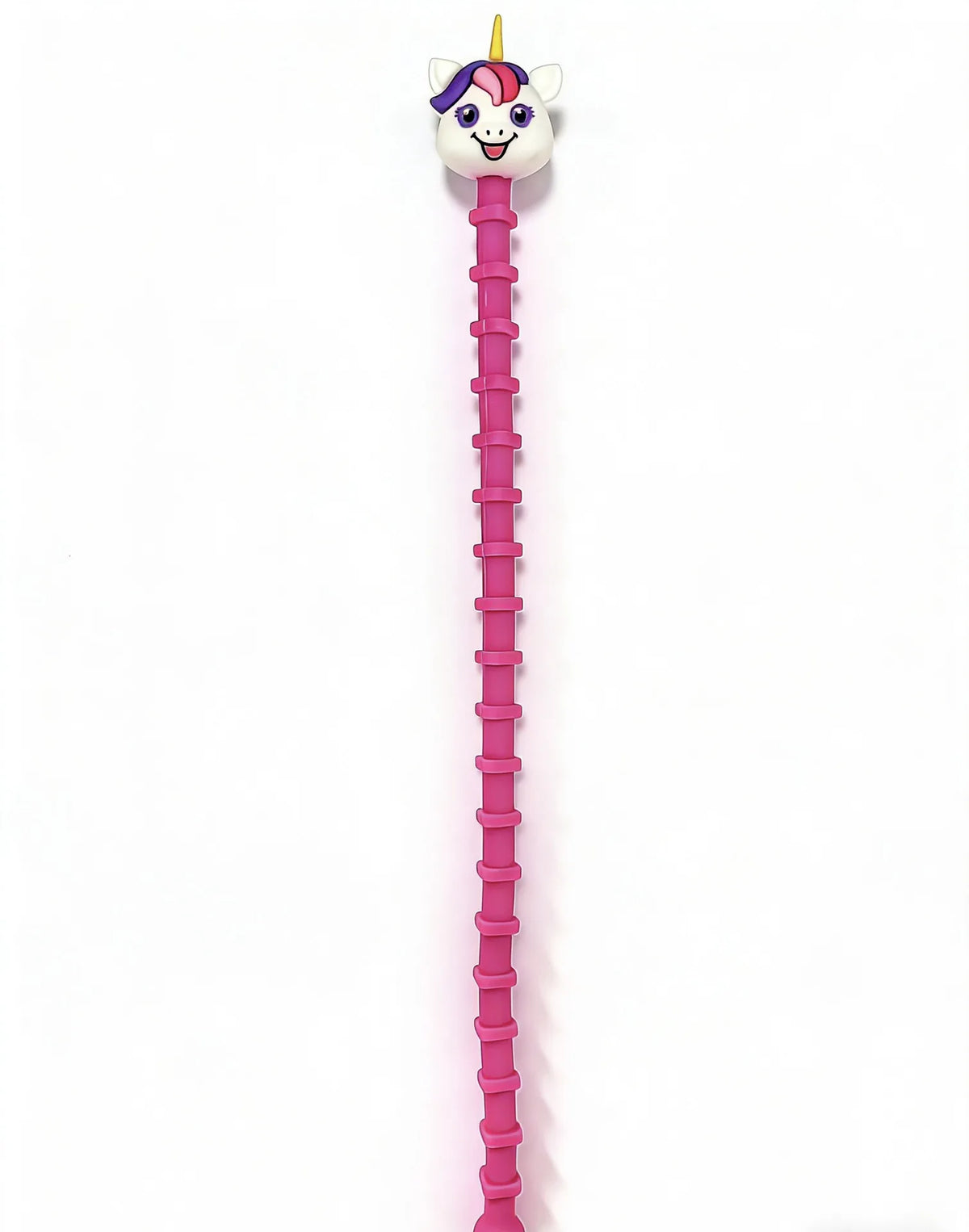 A pink silicone fidget stick shaped like a unicorn head with a horn.