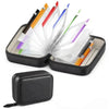 A black pill organizer with 14 color-coded pouches is shown open, displaying various colored plastic sleeves.