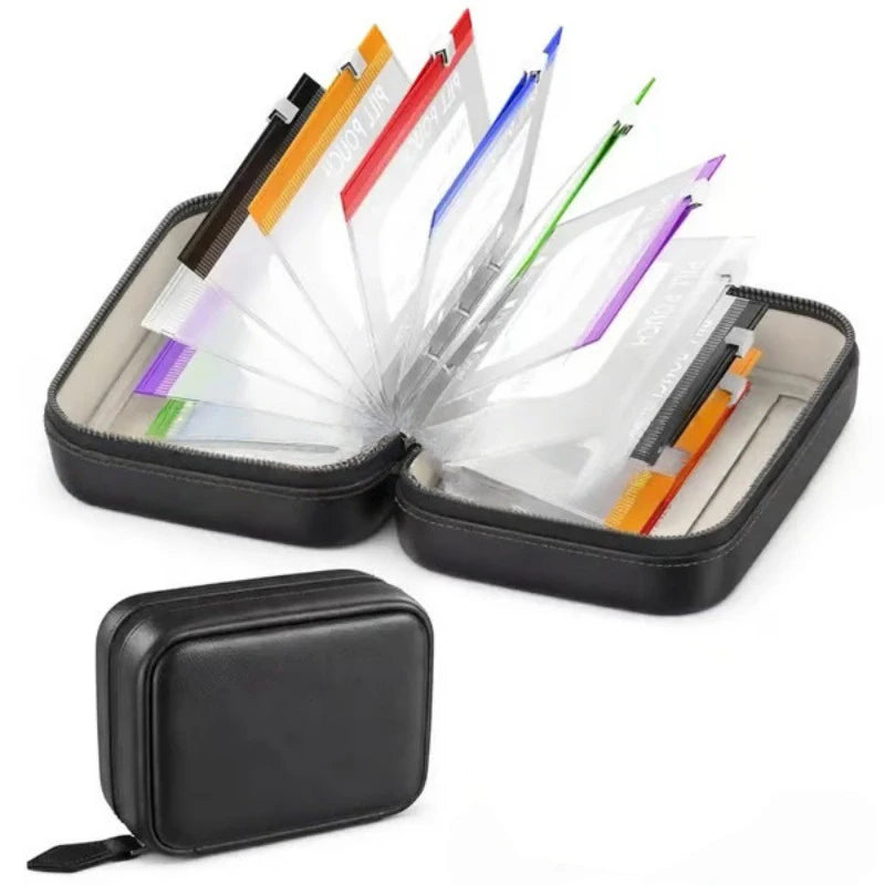 A black pill organizer with 14 color-coded pouches is shown open, displaying various colored plastic sleeves.