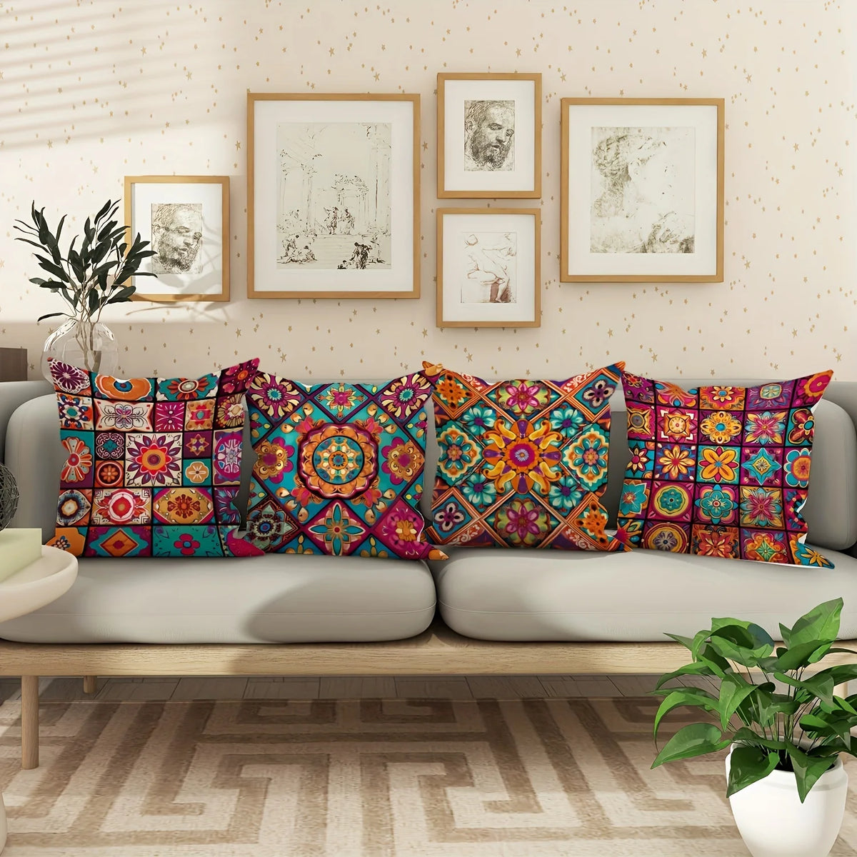 Boho Chic Mandala Pillow Covers Set of 4 – Colorful Decorative Cushion Covers for Indoor & Outdoor Use
