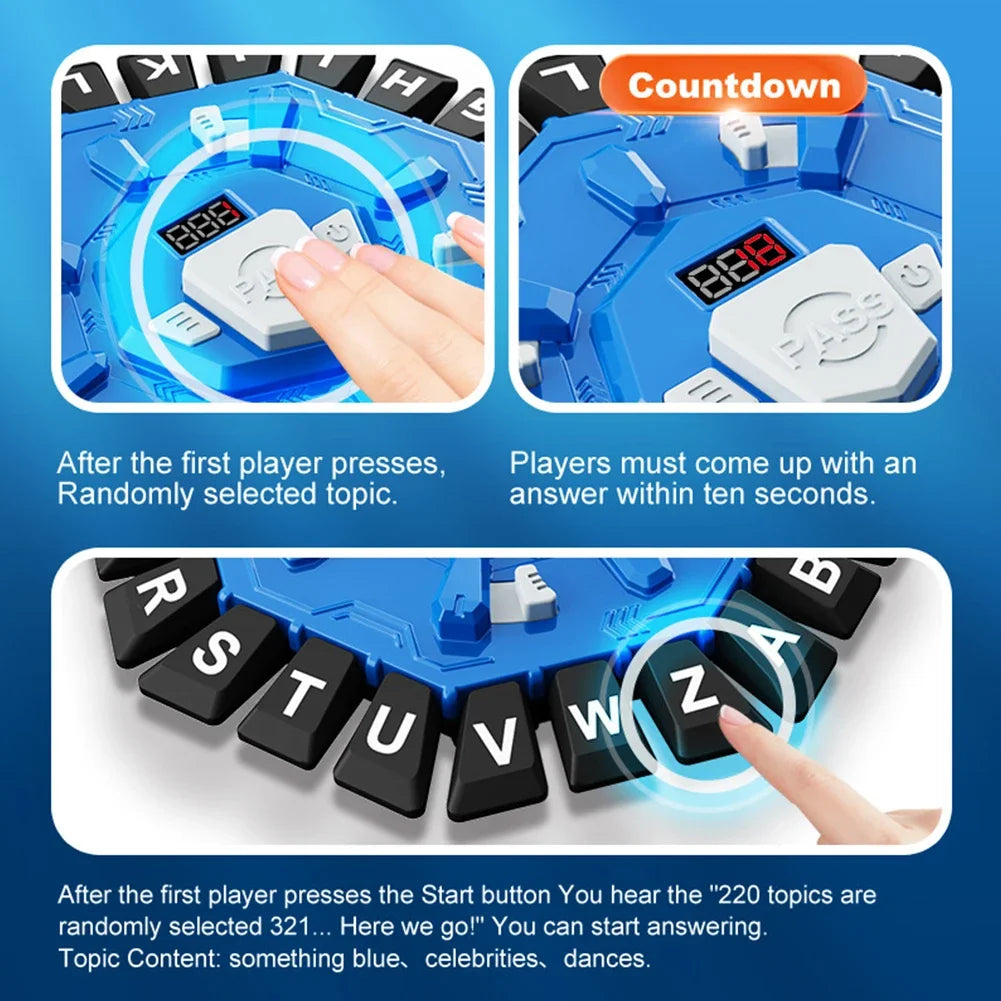 A close-up of a blue game board with digital timers and buttons showing instructions for a fast-paced word game.