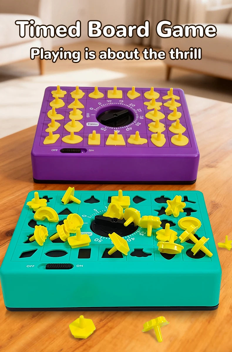 A purple timed board game and a teal board game with yellow puzzle pieces on a wooden surface.