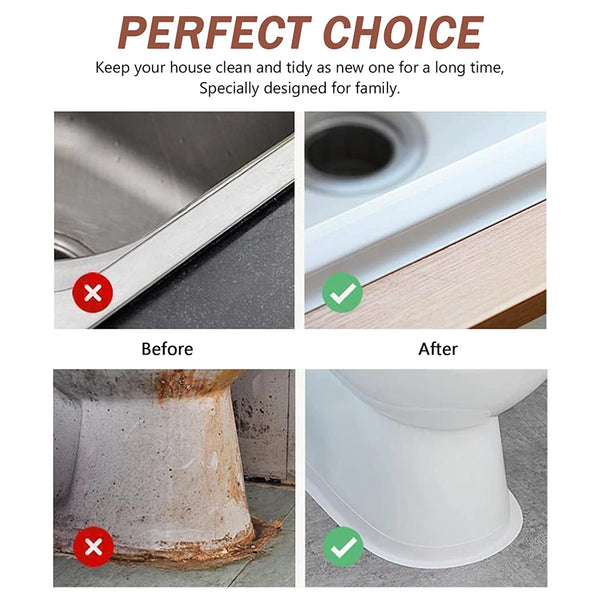 Before and after images showing the removal of silicone seal tape from a kitchen sink and a toilet base.