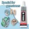 A bottle of B-7000 surprise adhesive glue for gemstones and jewelry crafts with various gemstone samples.