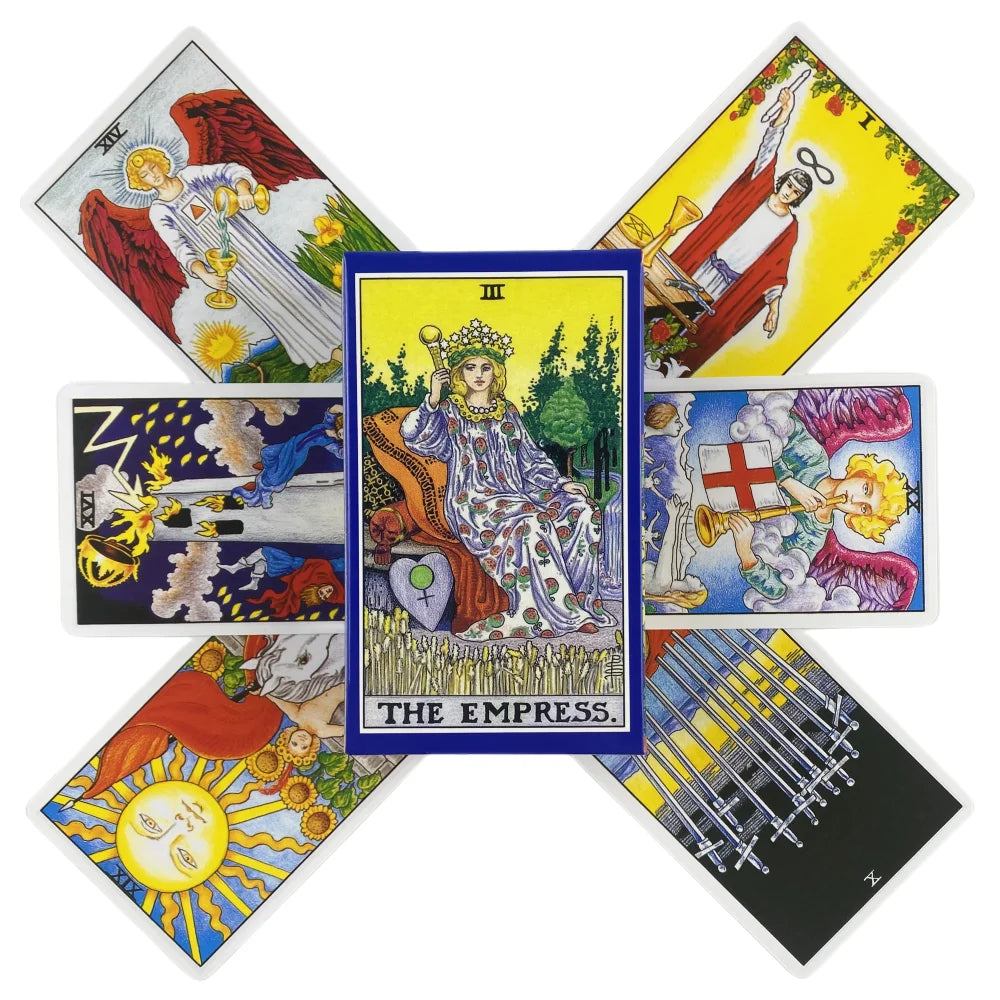 A collection of tarot cards featuring The Empress, the Emperor, and the Hierophant in various orientations.