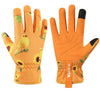 Pair of orange gardening gloves with yellow floral print and black fingertips