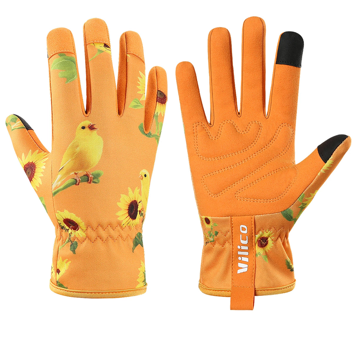 Pair of orange gardening gloves with yellow floral print and black fingertips