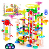 A colorful marble run building set featuring a motorized elevator and various tracks for kids.