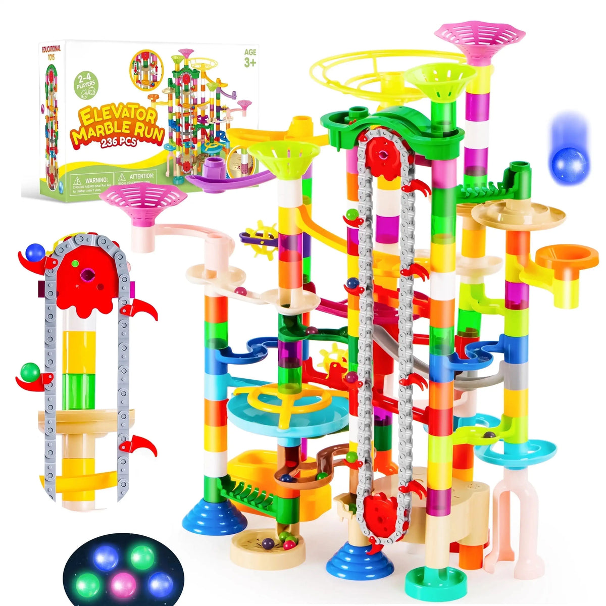 A colorful marble run building set featuring a motorized elevator and various tracks for kids.