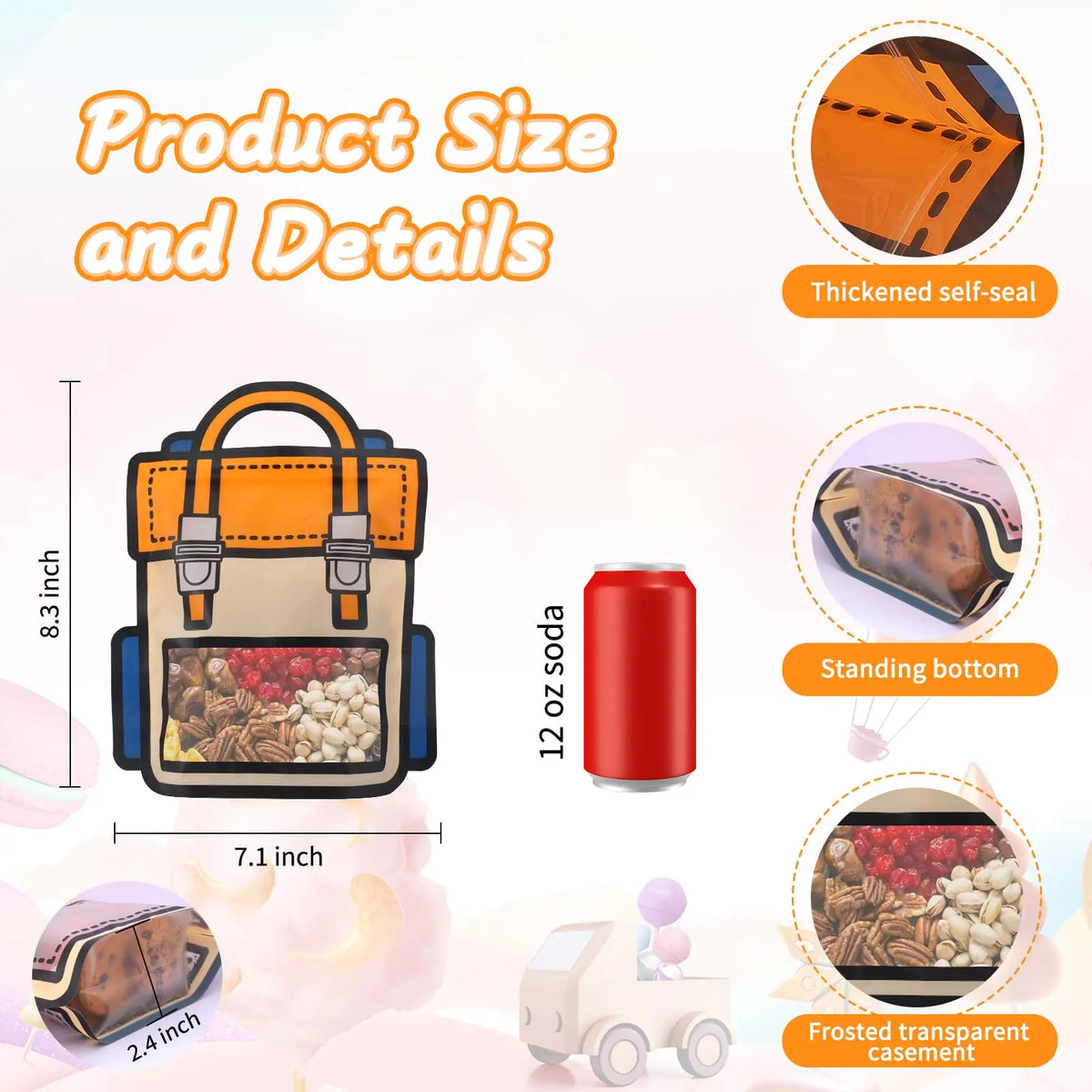 Product size and details showing a backpack, soda can, and frosted transparent casement.