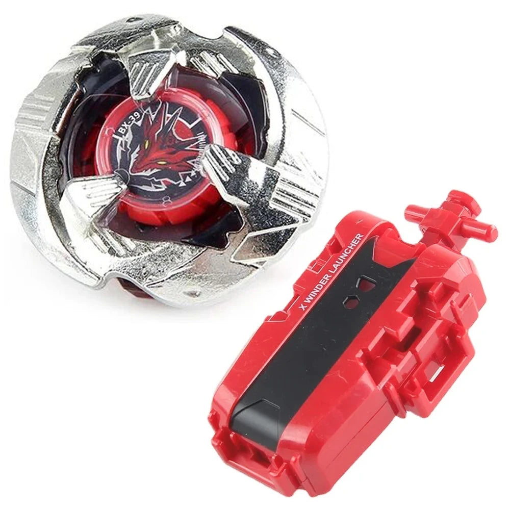 A Beyblade starter set featuring a silver launcher and a red Phoenix Wing and drumsword piece.