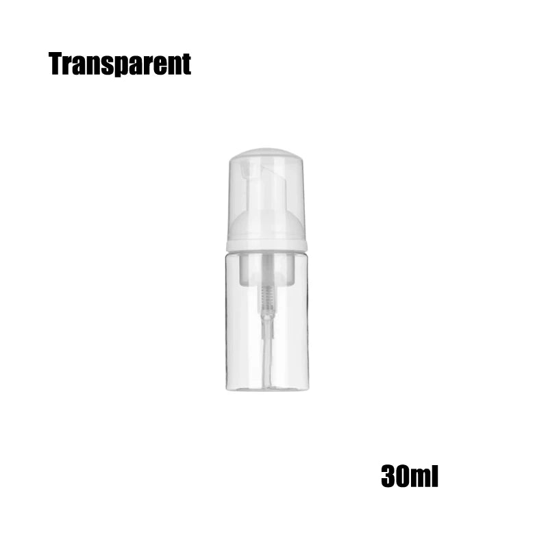 A clear plastic refillable foaming soap dispenser bottle with a pump mechanism.