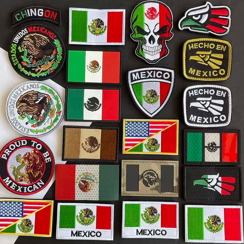 A collection of various Mexico themed patches featuring the Mexican flag, eagle, and national symbols.