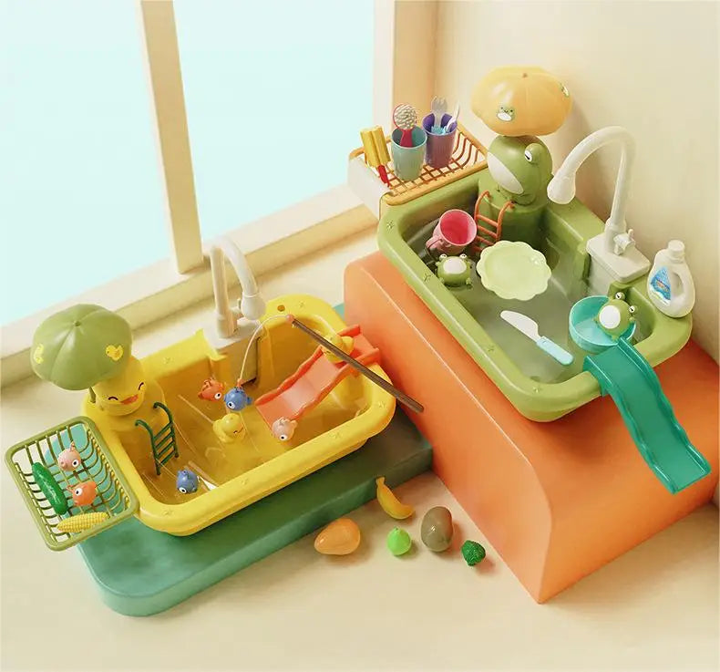 A kids electric kitchen sink playset with running water and fishing fun featuring various food items and tools.
