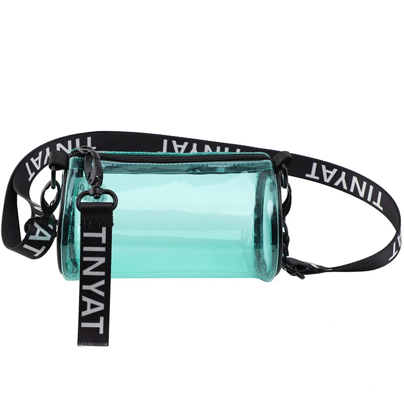 Clear stadium-approved crossbody bag with a black adjustable strap