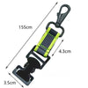 A portable glove keeper clip with a strap and clamp mechanism shown with dimensions.