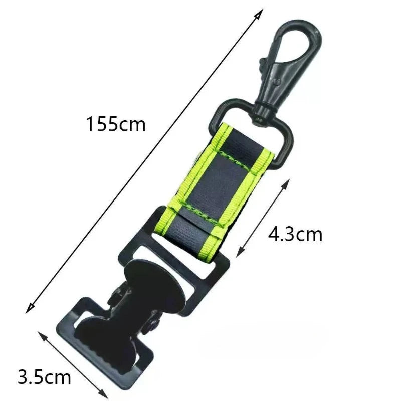 A portable glove keeper clip with a strap and clamp mechanism shown with dimensions.