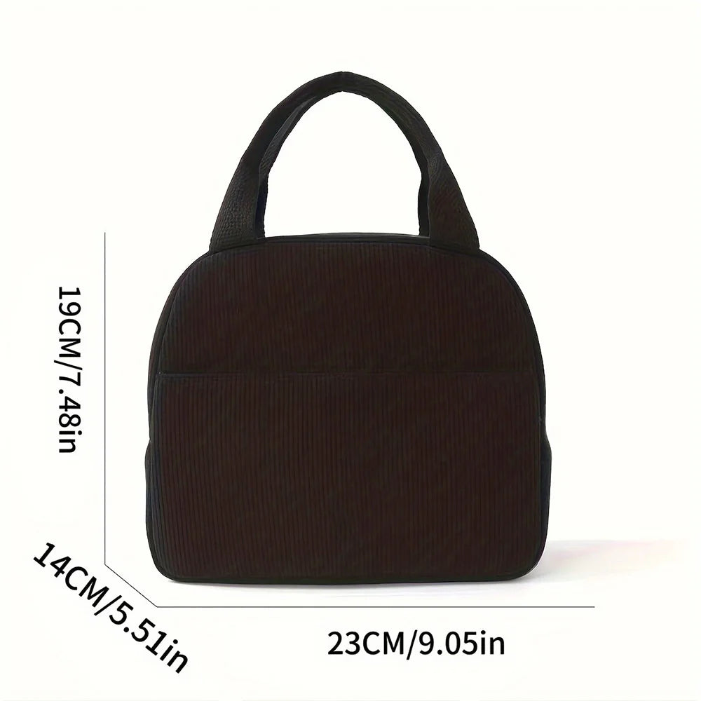 A black embroidered corduroy insulated lunch bag with a handle shown from the top view.